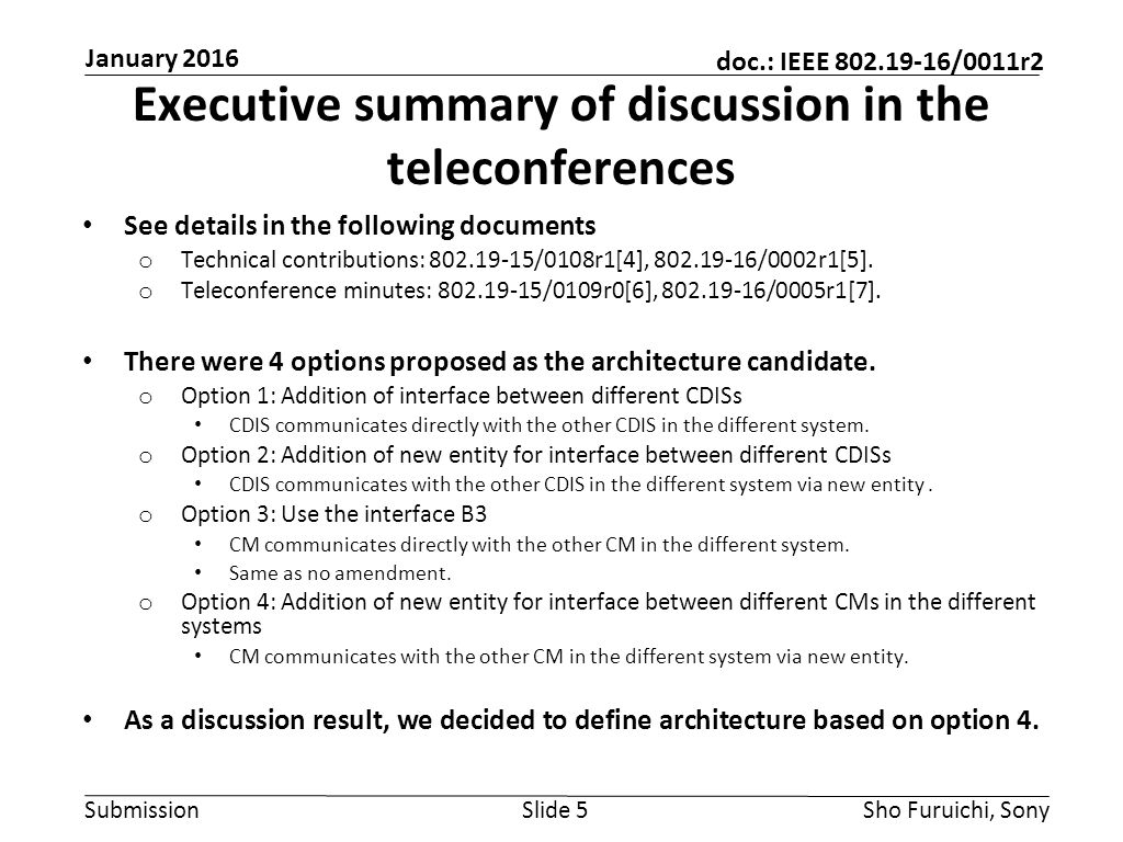 Submission doc.: IEEE /0011r2 Executive summary of discussion in the teleconferences See details in the following documents o Technical contributions: /0108r1[4], /0002r1[5].