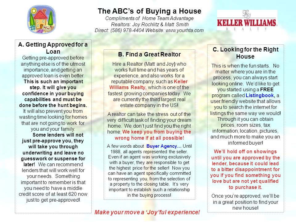 The ABC’s of Buying a House Compliments of Home Team Advantage Realtors: Joy Rochlitz & Matt Smith Direct: (586) Website:   C.