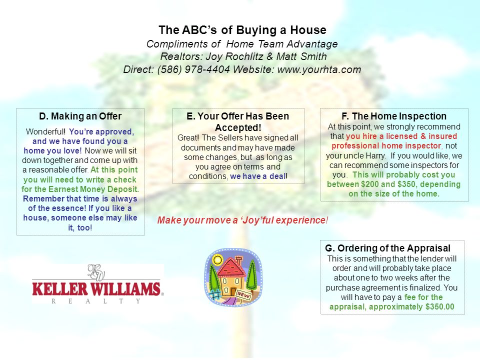 The ABC’s of Buying a House Compliments of Home Team Advantage Realtors: Joy Rochlitz & Matt Smith Direct: (586) Website:   Make your move a ‘Joy’ful experience.