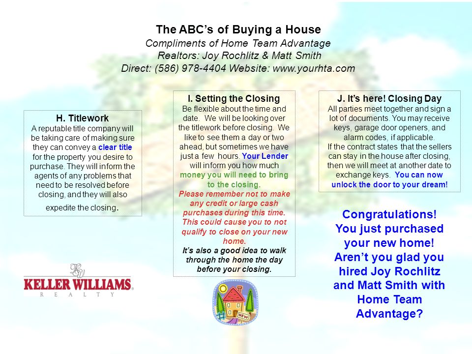 The ABC’s of Buying a House Compliments of Home Team Advantage Realtors: Joy Rochlitz & Matt Smith Direct: (586) Website:   H.