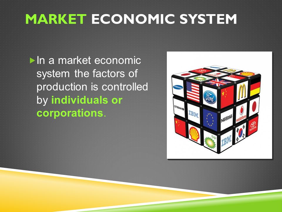 MARKET ECONOMIC SYSTEM  In a market economic system the factors of production is controlled by individuals or corporations.