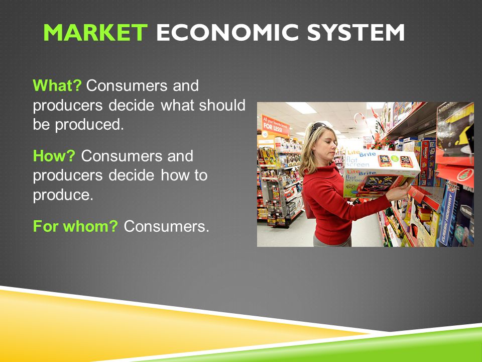 MARKET ECONOMIC SYSTEM What. Consumers and producers decide what should be produced.