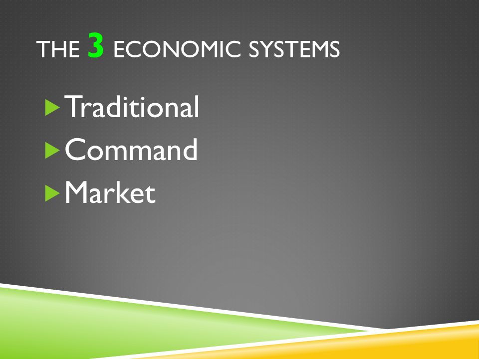 THE 3 ECONOMIC SYSTEMS  Traditional  Command  Market