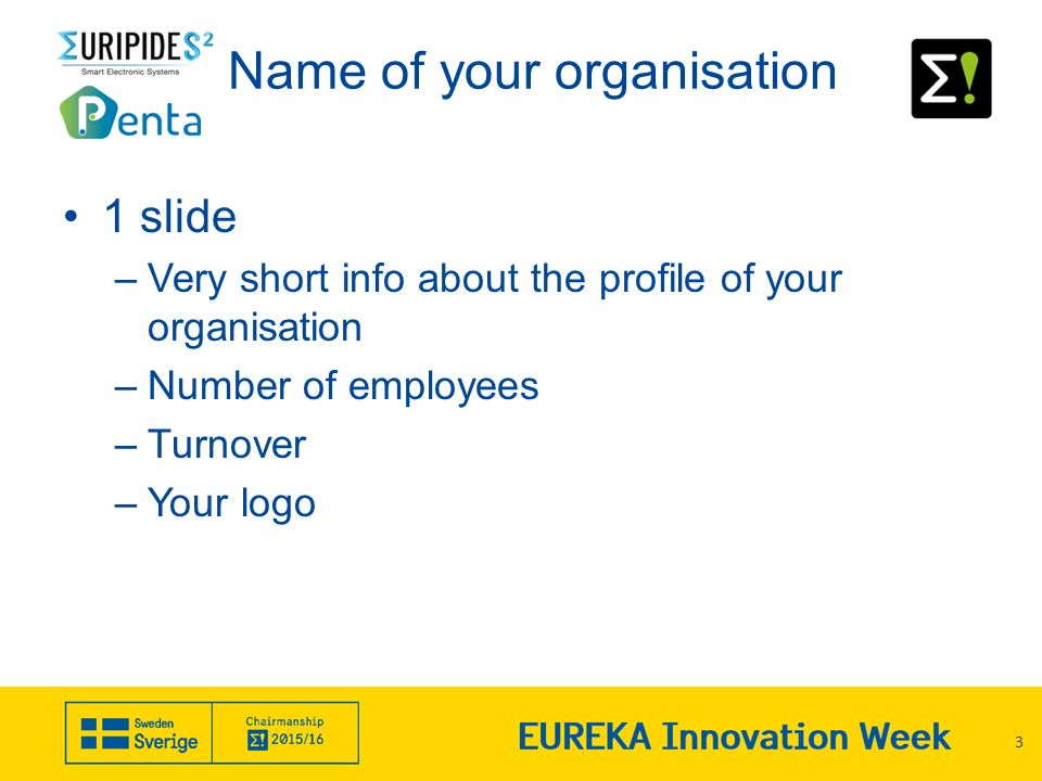 1 slide –Very short info about the profile of your organisation –Number of employees –Turnover –Your logo 3 Name of your organisation
