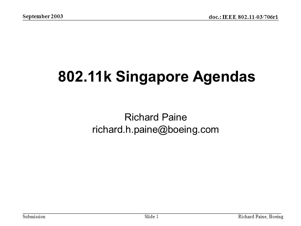 doc.: IEEE /706r1 Submission September 2003 Richard Paine, BoeingSlide k Singapore Agendas Richard Paine
