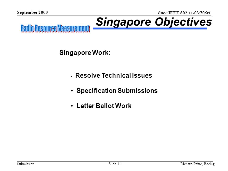 doc.: IEEE /706r1 Submission September 2003 Richard Paine, BoeingSlide 11 Singapore Objectives Singapore Work: Resolve Technical Issues Specification Submissions Letter Ballot Work