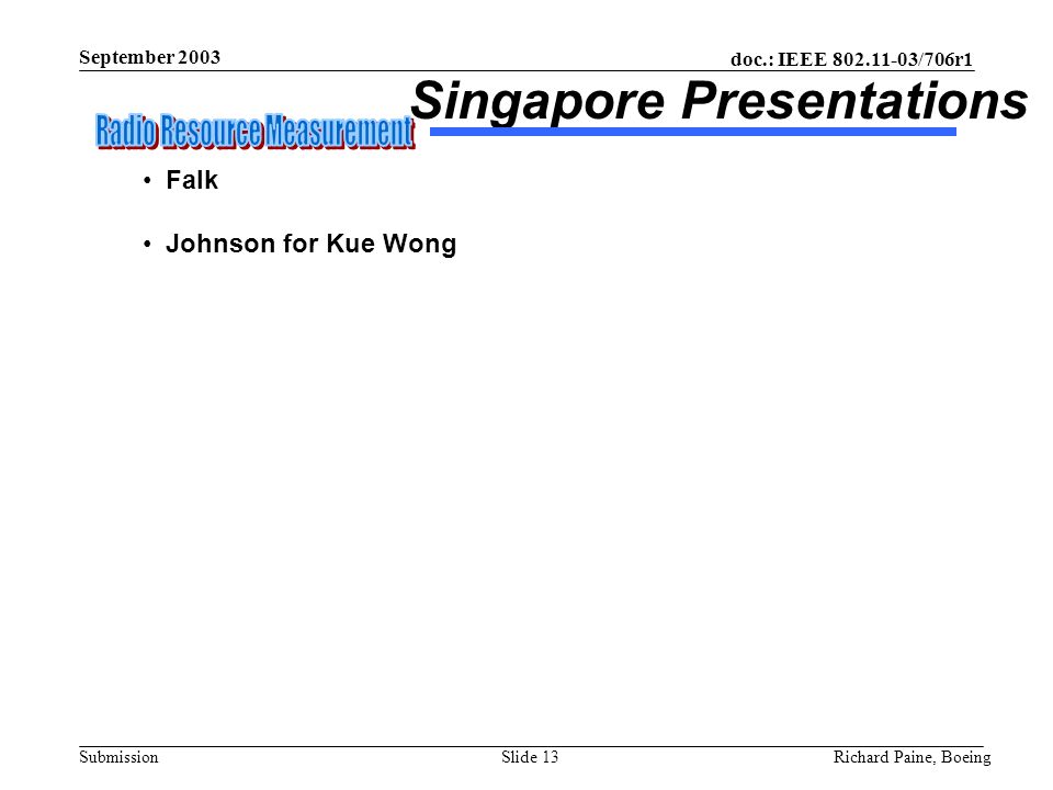 doc.: IEEE /706r1 Submission September 2003 Richard Paine, BoeingSlide 13 Singapore Presentations Falk Johnson for Kue Wong