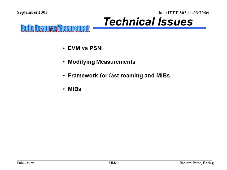 doc.: IEEE /706r1 Submission September 2003 Richard Paine, BoeingSlide 4 EVM vs PSNI Modifying Measurements Framework for fast roaming and MIBs MIBs Technical Issues
