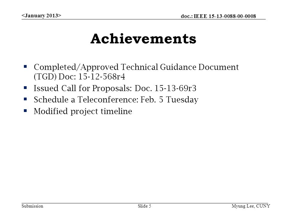 doc.: IEEE Submission Achievements  Completed/Approved Technical Guidance Document (TGD) Doc: r4  Issued Call for Proposals: Doc.