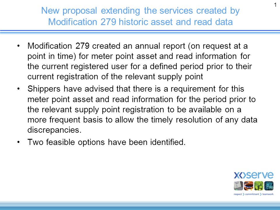 1 New proposal extending the services created by Modification 279 historic asset and read data Modification 279 created an annual report (on request at a point in time) for meter point asset and read information for the current registered user for a defined period prior to their current registration of the relevant supply point Shippers have advised that there is a requirement for this meter point asset and read information for the period prior to the relevant supply point registration to be available on a more frequent basis to allow the timely resolution of any data discrepancies.