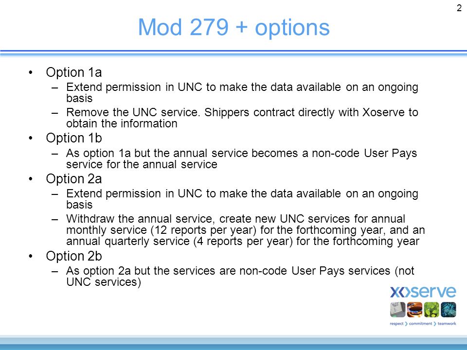 2 Mod options Option 1a –Extend permission in UNC to make the data available on an ongoing basis –Remove the UNC service.