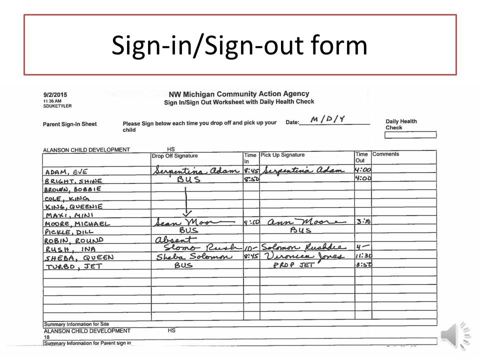 daily sign in sheet