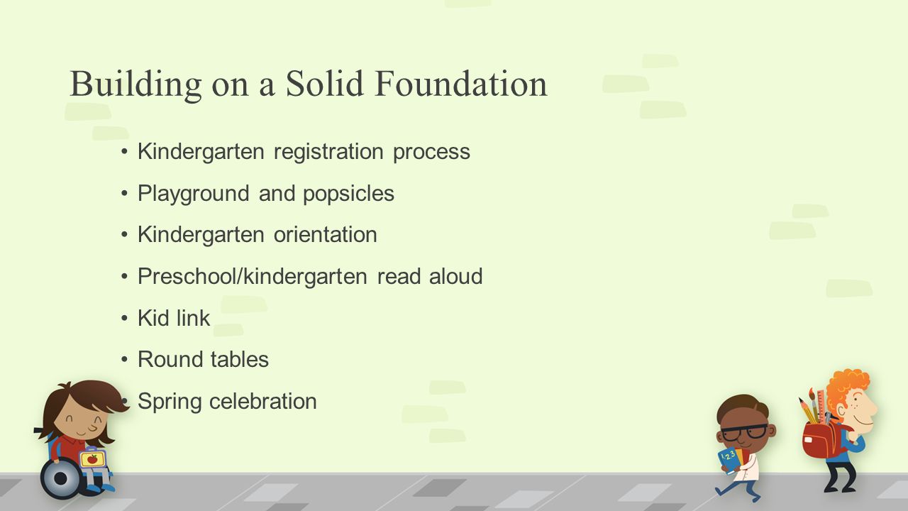 Building on a Solid Foundation Kindergarten registration process Playground and popsicles Kindergarten orientation Preschool/kindergarten read aloud Kid link Round tables Spring celebration
