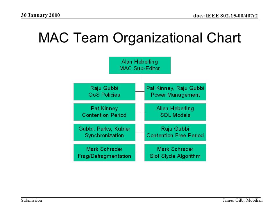 doc.: IEEE /407r2 Submission 30 January 2000 James Gilb, Mobilian MAC Team Organizational Chart