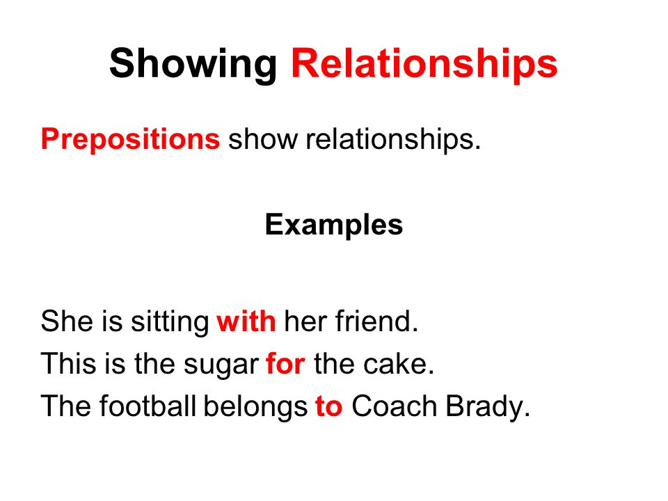 Showing Relationships Prepositions show relationships.