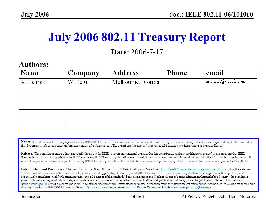doc.: IEEE /1010r0 Submission July 2006 Al Petrick, WiDeFi, John Barr, MotorolaSlide 1 July Treasury Report Notice: This document has been prepared to assist IEEE