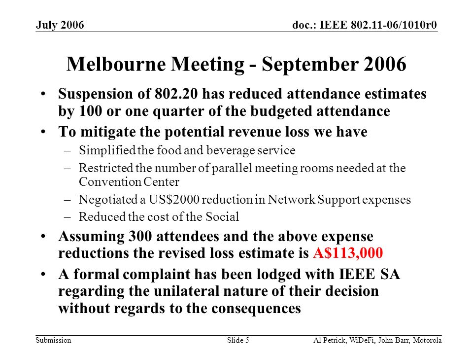 doc.: IEEE /1010r0 Submission July 2006 Al Petrick, WiDeFi, John Barr, MotorolaSlide 5 Melbourne Meeting - September 2006 Suspension of has reduced attendance estimates by 100 or one quarter of the budgeted attendance To mitigate the potential revenue loss we have –Simplified the food and beverage service –Restricted the number of parallel meeting rooms needed at the Convention Center –Negotiated a US$2000 reduction in Network Support expenses –Reduced the cost of the Social Assuming 300 attendees and the above expense reductions the revised loss estimate is A$113,000 A formal complaint has been lodged with IEEE SA regarding the unilateral nature of their decision without regards to the consequences