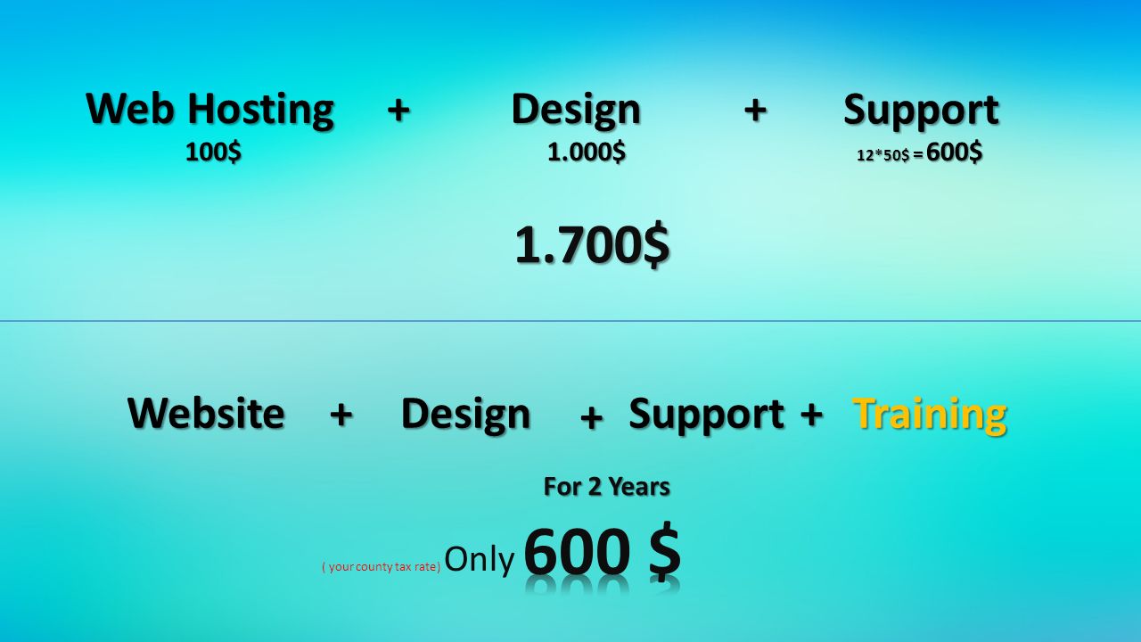 Web Hosting Design Support 100$1.000$ 12*50$ = 600$ 1.700$ WebsiteDesignSupportTraining For 2 Years ( your county tax rate) Only