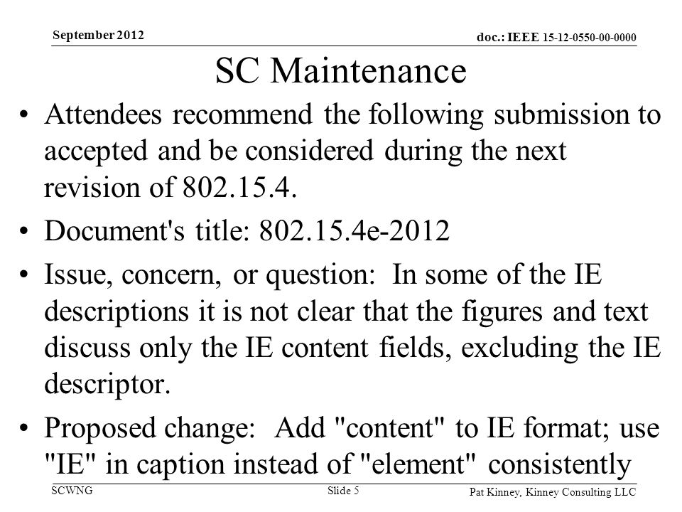 doc.: IEEE SCWNG SC Maintenance Attendees recommend the following submission to accepted and be considered during the next revision of
