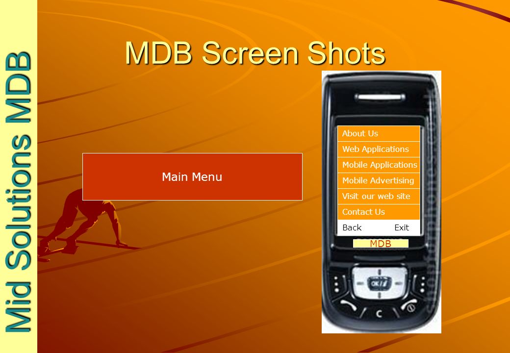 MDB Screen Shots Mid Solutions MDB Mid Solutions MDB MDB Main Menu About Us Web Applications Mobile Applications Mobile Advertising Visit our web site Contact Us Back Exit
