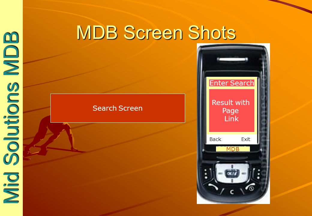 MDB Screen Shots Mid Solutions MDB Mid Solutions MDB MDB Search Screen Back Exit Result with Page Link Enter Search