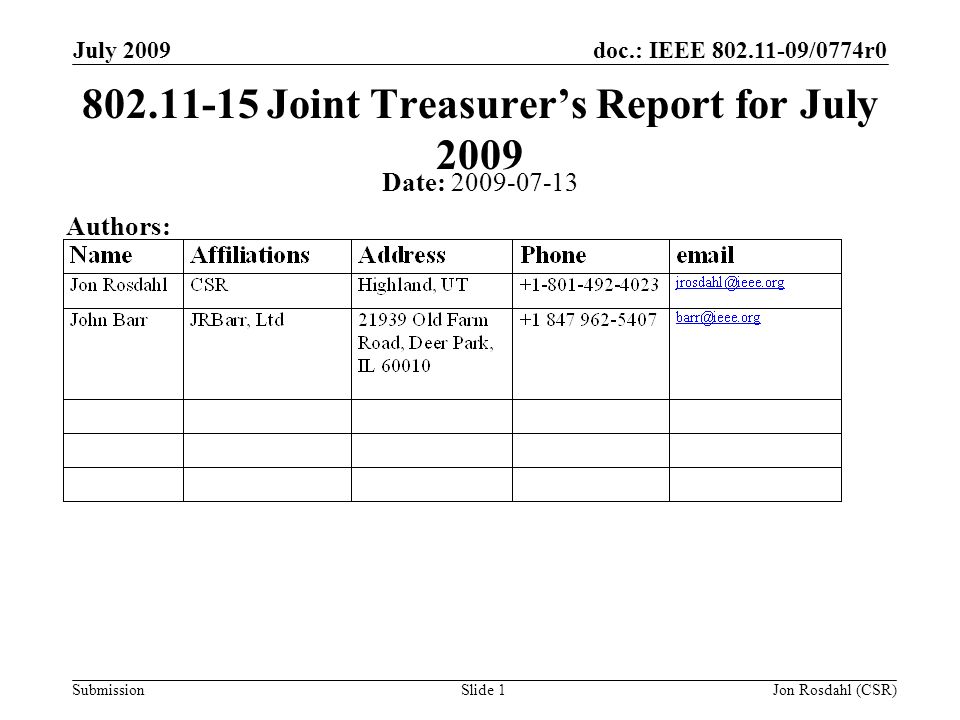 doc.: IEEE /0774r0 Submission July 2009 Jon Rosdahl (CSR)Slide Joint Treasurer’s Report for July 2009 Date: Authors: