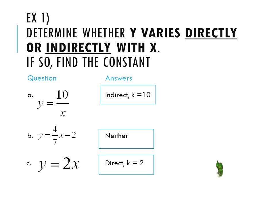 8 1 2 Direct And Inverse Variation Equation Y Ex 1 Determine Whether Y Varies Directly Or Indirectly With X