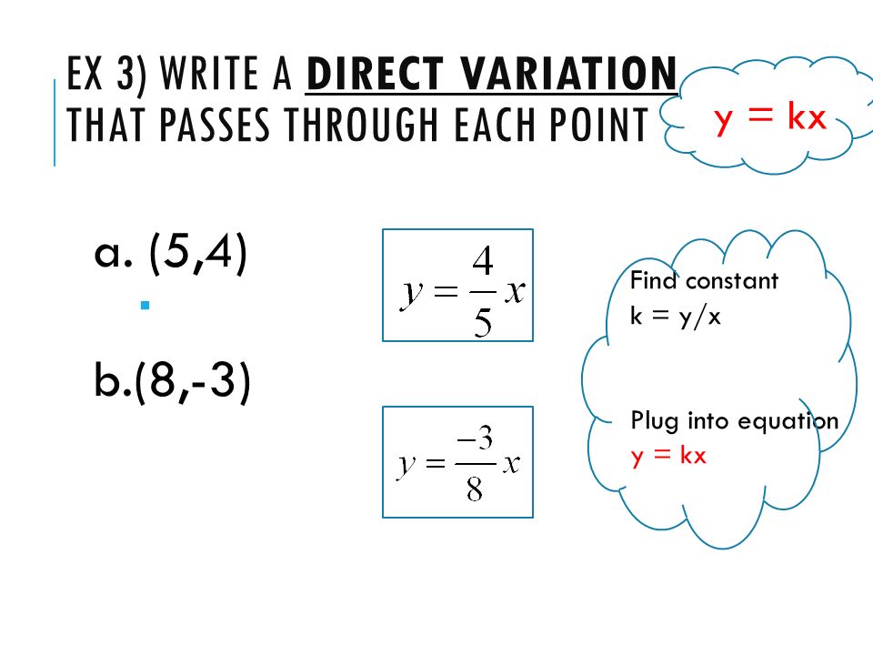 8 1 2 Direct And Inverse Variation Equation Y Ex 3 Write A Direct Variation That P Through Each Point