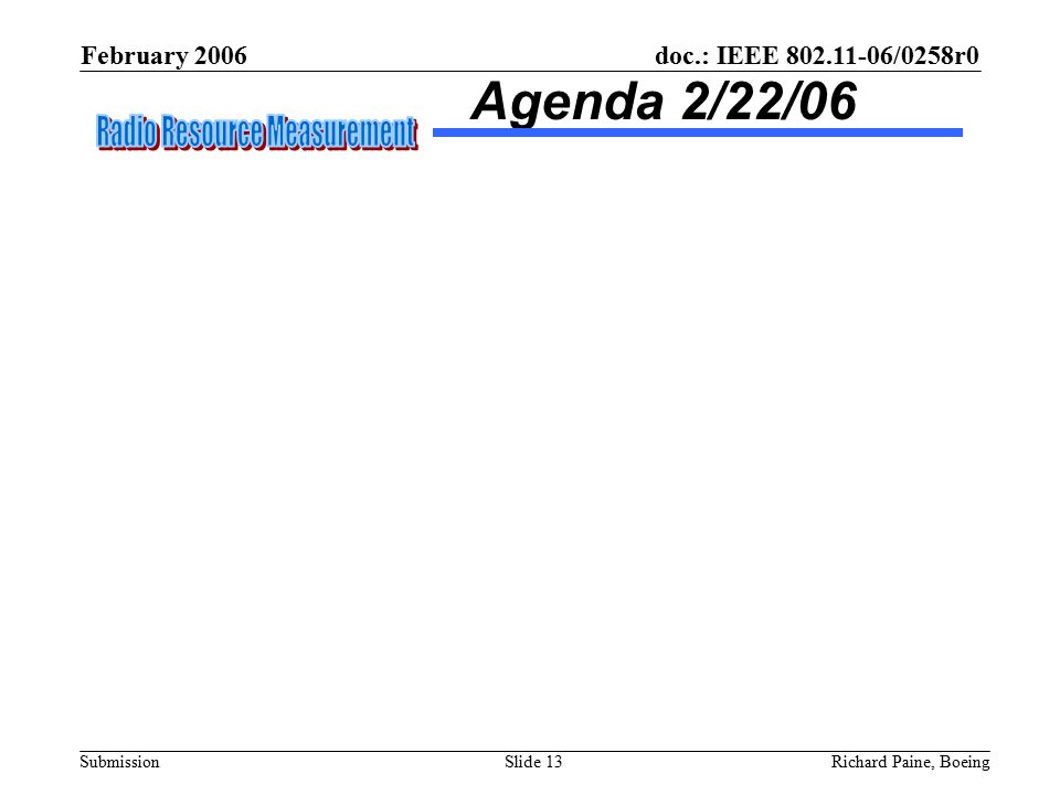February 2006 Richard Paine, BoeingSlide 13 doc.: IEEE /0258r0 Submission Agenda 2/22/06