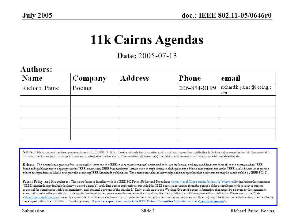 doc.: IEEE /0646r0 Submission July 2005 Richard Paine, BoeingSlide 1 11k Cairns Agendas Notice: This document has been prepared to assist IEEE