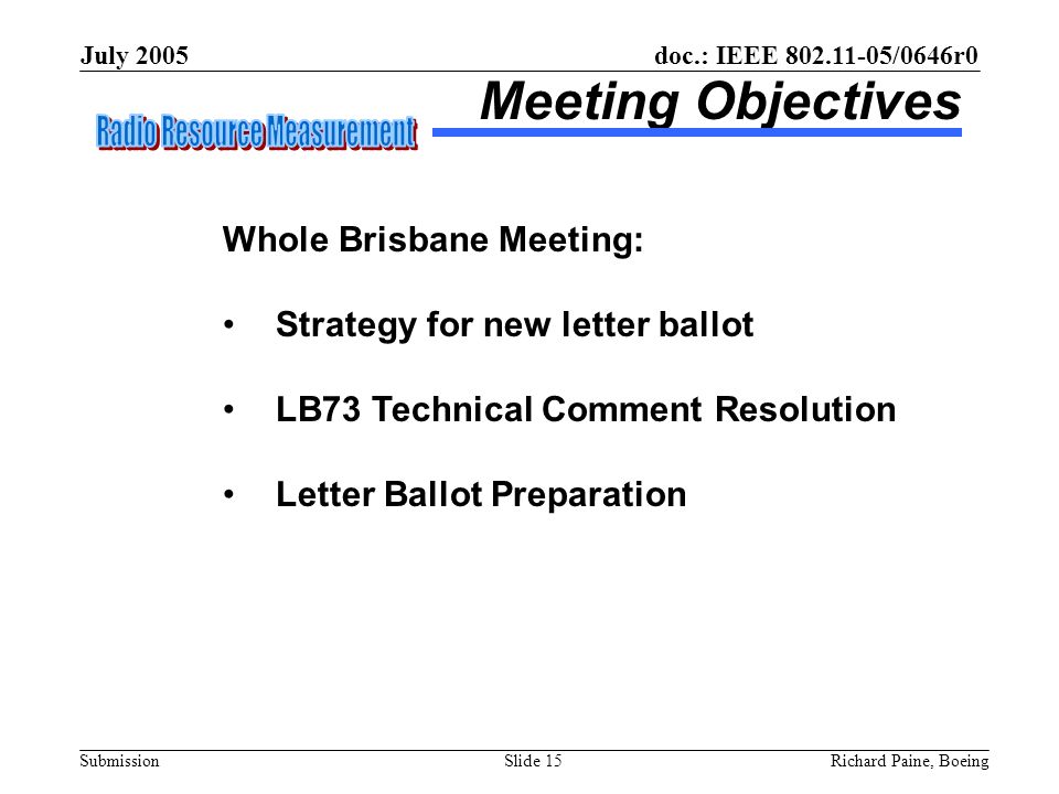 doc.: IEEE /0646r0 Submission July 2005 Richard Paine, BoeingSlide 15 Meeting Objectives Whole Brisbane Meeting: Strategy for new letter ballot LB73 Technical Comment Resolution Letter Ballot Preparation