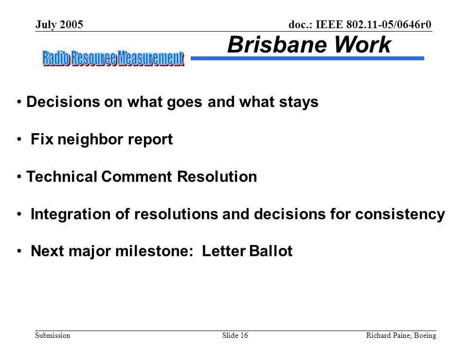 doc.: IEEE /0646r0 Submission July 2005 Richard Paine, BoeingSlide 16 Brisbane Work Decisions on what goes and what stays Fix neighbor report Technical Comment Resolution Integration of resolutions and decisions for consistency Next major milestone: Letter Ballot