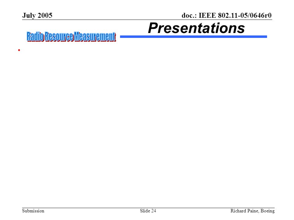 doc.: IEEE /0646r0 Submission July 2005 Richard Paine, BoeingSlide 24 Presentations