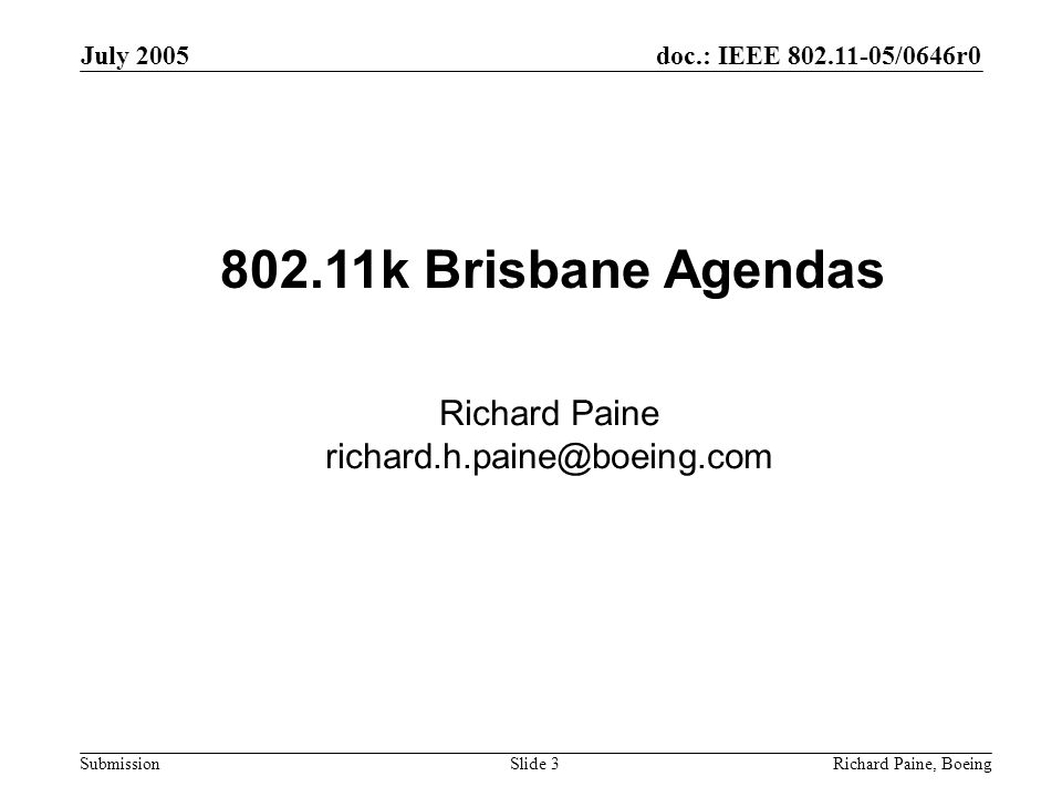 doc.: IEEE /0646r0 Submission July 2005 Richard Paine, BoeingSlide k Brisbane Agendas Richard Paine