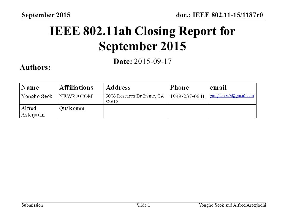 doc.: IEEE /1187r0 Submission September 2015 Slide 1 IEEE ah Closing Report for September 2015 Date: Authors: Yongho Seok and Alfred Asterjadhi