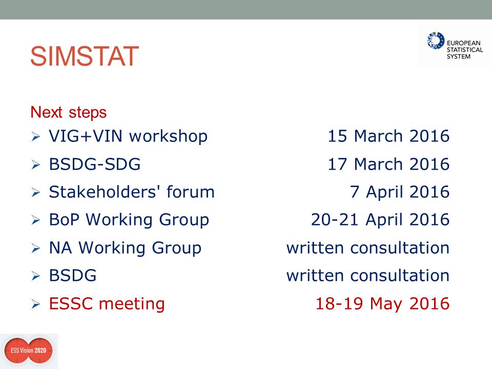 SIMSTAT Next steps  VIG+VIN workshop15 March 2016  BSDG-SDG17 March 2016  Stakeholders forum7 April 2016  BoP Working Group20-21 April 2016  NA Working Groupwritten consultation  BSDGwritten consultation  ESSC meeting18-19 May 2016
