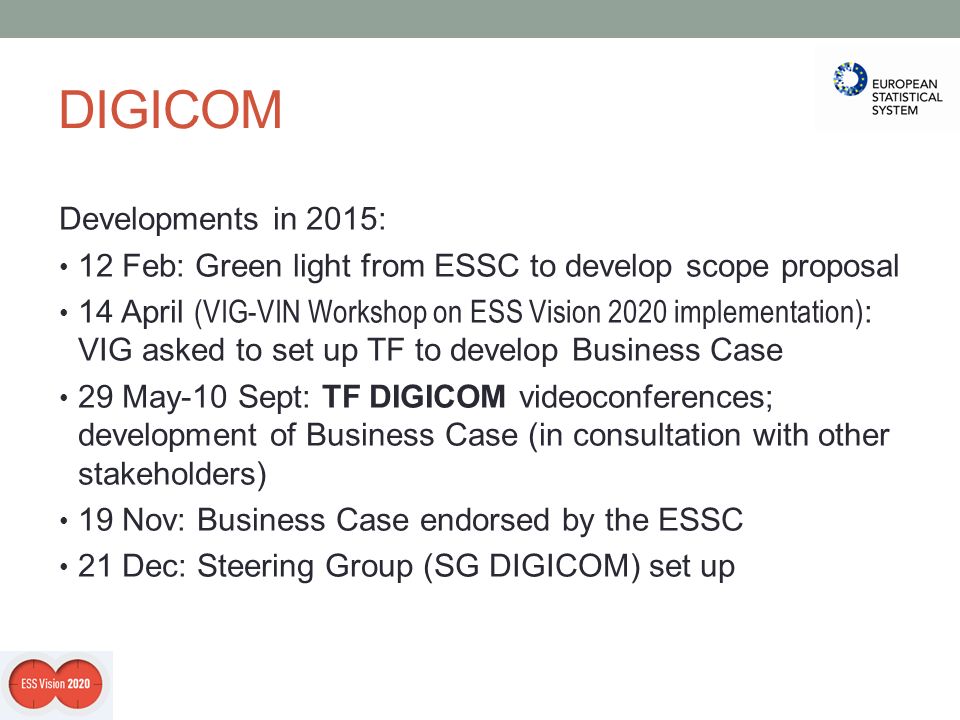 DIGICOM Developments in 2015: 12 Feb: Green light from ESSC to develop scope proposal 14 April (VIG-VIN Workshop on ESS Vision 2020 implementation) : VIG asked to set up TF to develop Business Case 29 May-10 Sept: TF DIGICOM videoconferences; development of Business Case (in consultation with other stakeholders) 19 Nov: Business Case endorsed by the ESSC 21 Dec: Steering Group (SG DIGICOM) set up