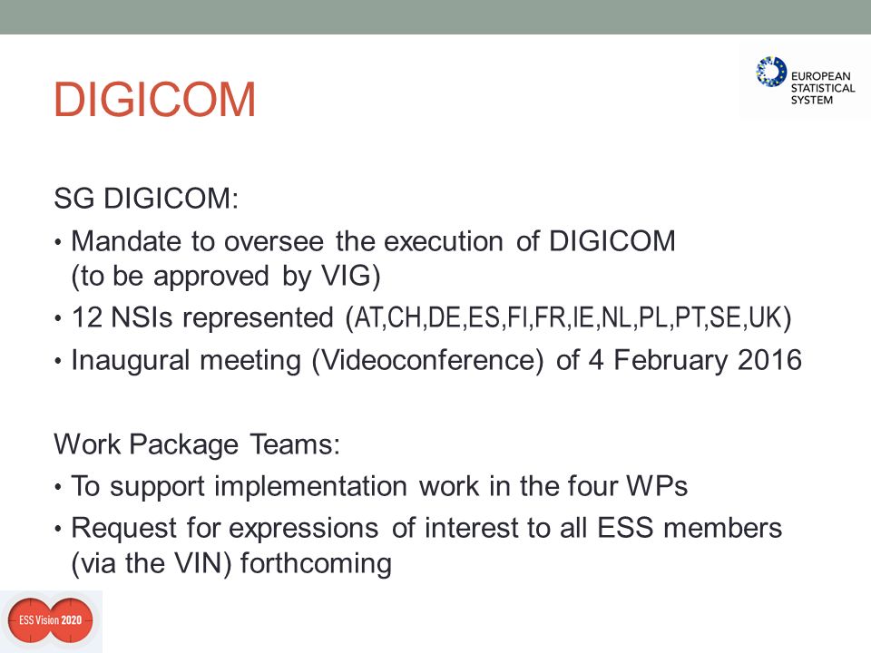 DIGICOM SG DIGICOM: Mandate to oversee the execution of DIGICOM (to be approved by VIG) 12 NSIs represented ( AT,CH,DE,ES,FI,FR,IE,NL,PL,PT,SE,UK ) Inaugural meeting (Videoconference) of 4 February 2016 Work Package Teams: To support implementation work in the four WPs Request for expressions of interest to all ESS members (via the VIN) forthcoming