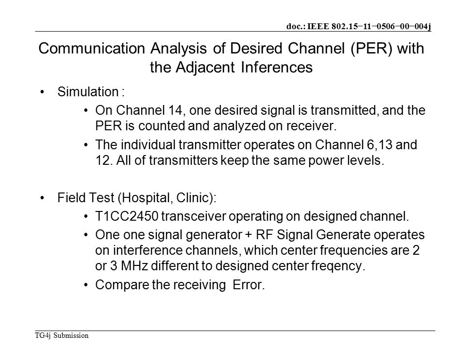 doc.: IEEE −11−0506−00−004j TG4j Submission Communication Analysis of Desired Channel (PER) with the Adjacent Inferences Simulation : On Channel 14, one desired signal is transmitted, and the PER is counted and analyzed on receiver.