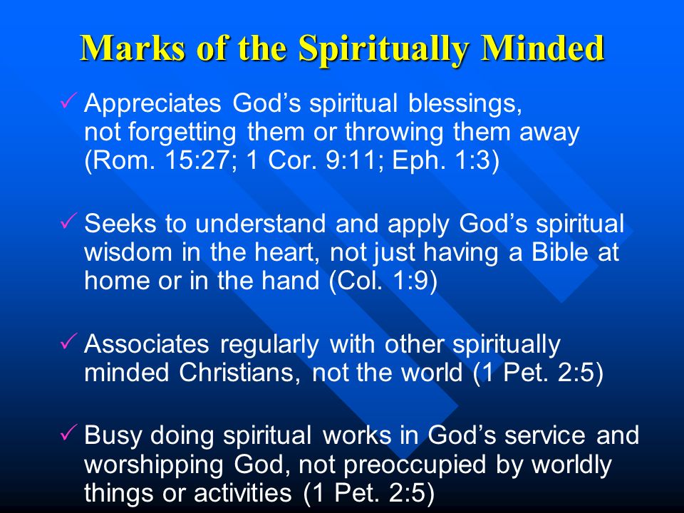 Marks of the Spiritually Minded   Appreciates God’s spiritual blessings, not forgetting them or throwing them away (Rom.
