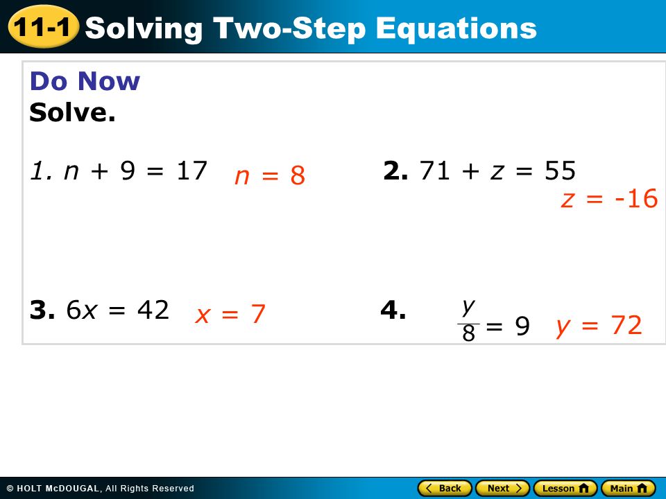 11 1 Solving Two Step Equations Do Now Solve N 9 Z X 1 11 Solving Two Step Equations