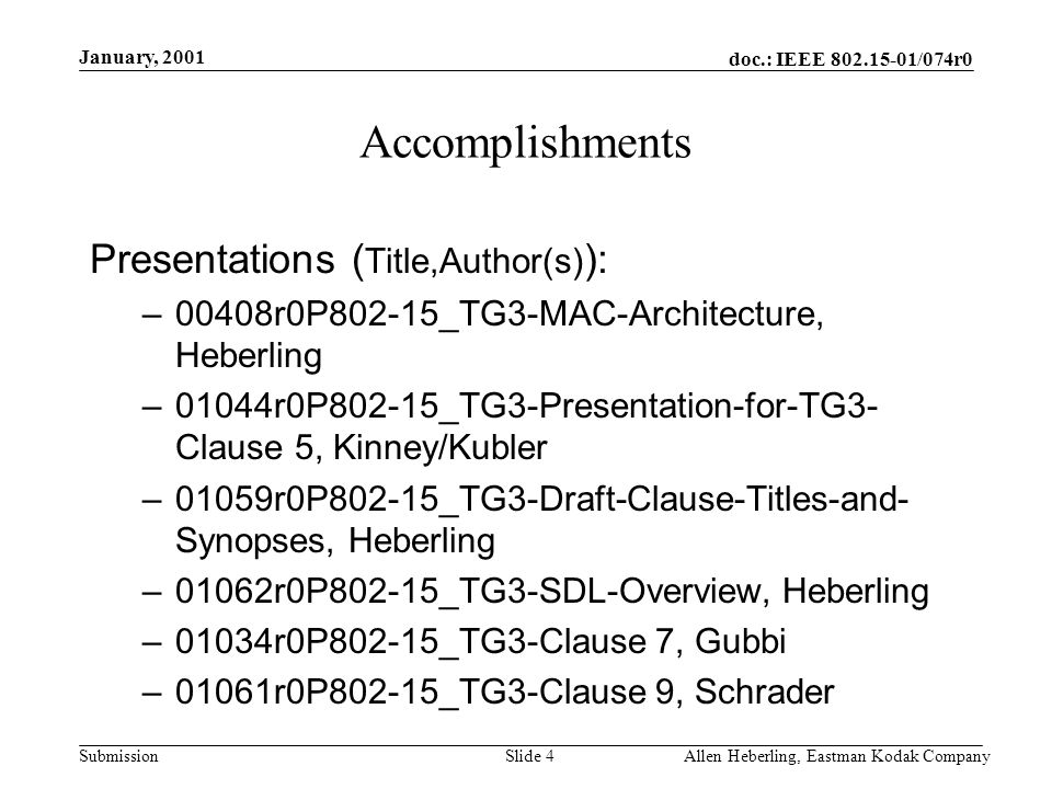 doc.: IEEE /074r0 Submission January, 2001 Allen Heberling, Eastman Kodak CompanySlide 4 Accomplishments Presentations ( Title,Author(s) ): –00408r0P802-15_TG3-MAC-Architecture, Heberling –01044r0P802-15_TG3-Presentation-for-TG3- Clause 5, Kinney/Kubler –01059r0P802-15_TG3-Draft-Clause-Titles-and- Synopses, Heberling –01062r0P802-15_TG3-SDL-Overview, Heberling –01034r0P802-15_TG3-Clause 7, Gubbi –01061r0P802-15_TG3-Clause 9, Schrader