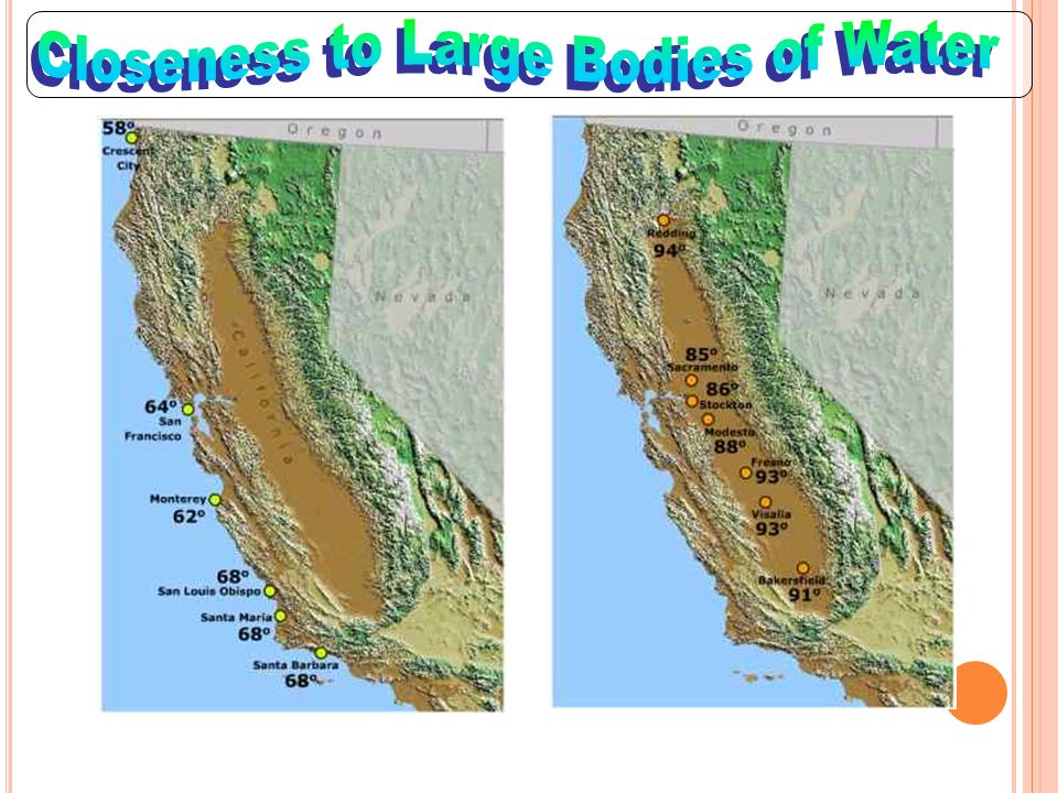 How do large bodies of water affect climate?