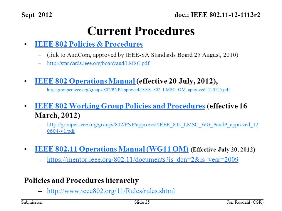 doc.: IEEE r2 Submission Sept 2012 Jon Rosdahl (CSR)Slide 25 Current Procedures IEEE 802 Policies & Procedures –(link to AudCom, approved by IEEE-SA Standards Board 25 August, 2010) –  IEEE 802 Operations Manual (effective 20 July, 2012),IEEE 802 Operations Manual –  IEEE 802 Working Group Policies and Procedures (effective 16 March, 2012)IEEE 802 Working Group Policies and Procedures – v1.pdfhttp://grouper.ieee.org/groups/802/PNP/approved/IEEE_802_LMSC_WG_PandP_approved_ v1.pdf IEEE Operations Manual (WG11 OM) (Effective July 20, 2012)IEEE Operations Manual (WG11 OM) –  is_dcn=2&is_year=2009https://mentor.ieee.org/802.11/documents is_dcn=2&is_year=2009 Policies and Procedures hierarchy –