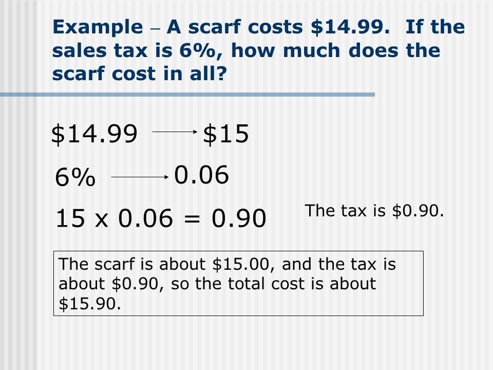 Example – A scarf costs $ If the sales tax is 6%, how much does the scarf cost in all.