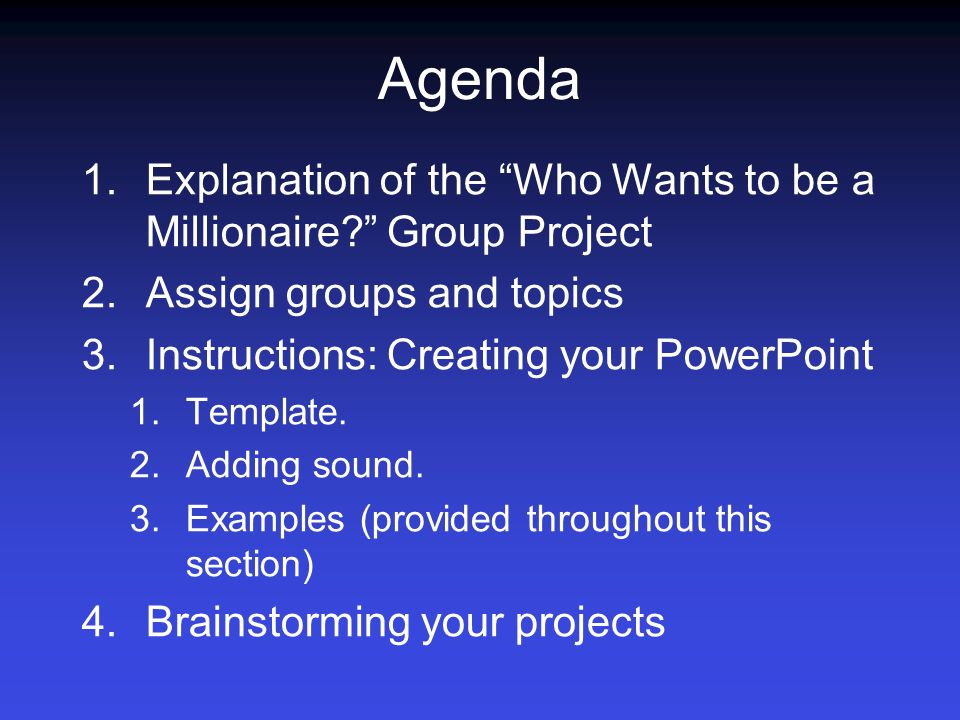 agenda 1.explanation of the “who wants to be a millionaire?” group agenda 1.explanation of the “who wants to be a millionaire?” group, Powerpoint templates