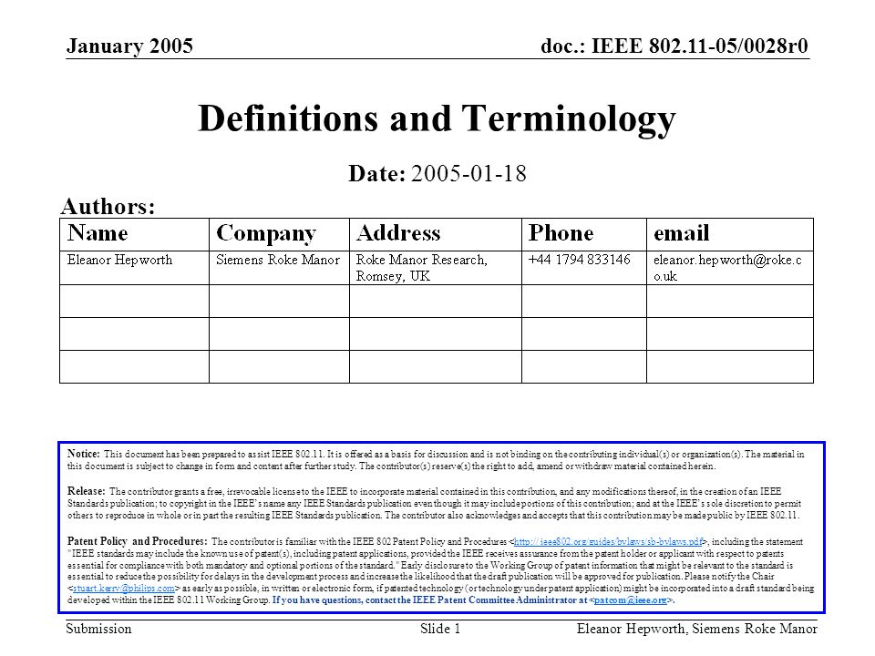 doc.: IEEE /0028r0 Submission January 2005 Eleanor Hepworth, Siemens Roke ManorSlide 1 Definitions and Terminology Notice: This document has been prepared to assist IEEE