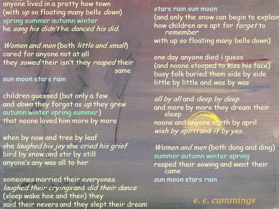 an analysis of the poem anyone lived in a pretty how town by ee cummings Anyone lived in a pretty how town by ee cummings analysis ee cummings - anyone lived in a pretty how town ee cummings reads somewhere. an analysis of the poem anyone lived in a pretty how town by ee cummings Anyone lived in a pretty how town by ee cummings analysis ee cummings - anyone lived in a pretty how town ee cummings reads somewhere.