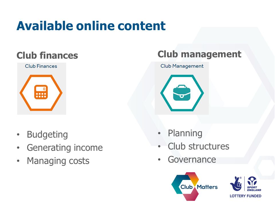 Available online content Club finances Budgeting Generating income Managing costs Club management Planning Club structures Governance