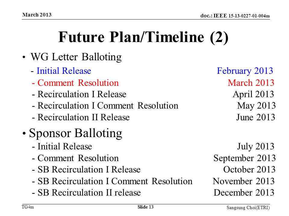 doc.: IEEE m TG4m Future Plan/Timeline (2) WG Letter Balloting - Initial Release February Comment Resolution March Recirculation I Release April Recirculation I Comment Resolution May Recirculation II Release June 2013 Sponsor Balloting - Initial Release July Comment Resolution September SB Recirculation I Release October SB Recirculation I Comment Resolution November SB Recirculation II release December 2013 Slide 13 March 2013 Sangsung Choi(ETRI) Slide 13
